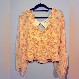 Free People Orange and Yellow Ruched Long Sleeve Blouse